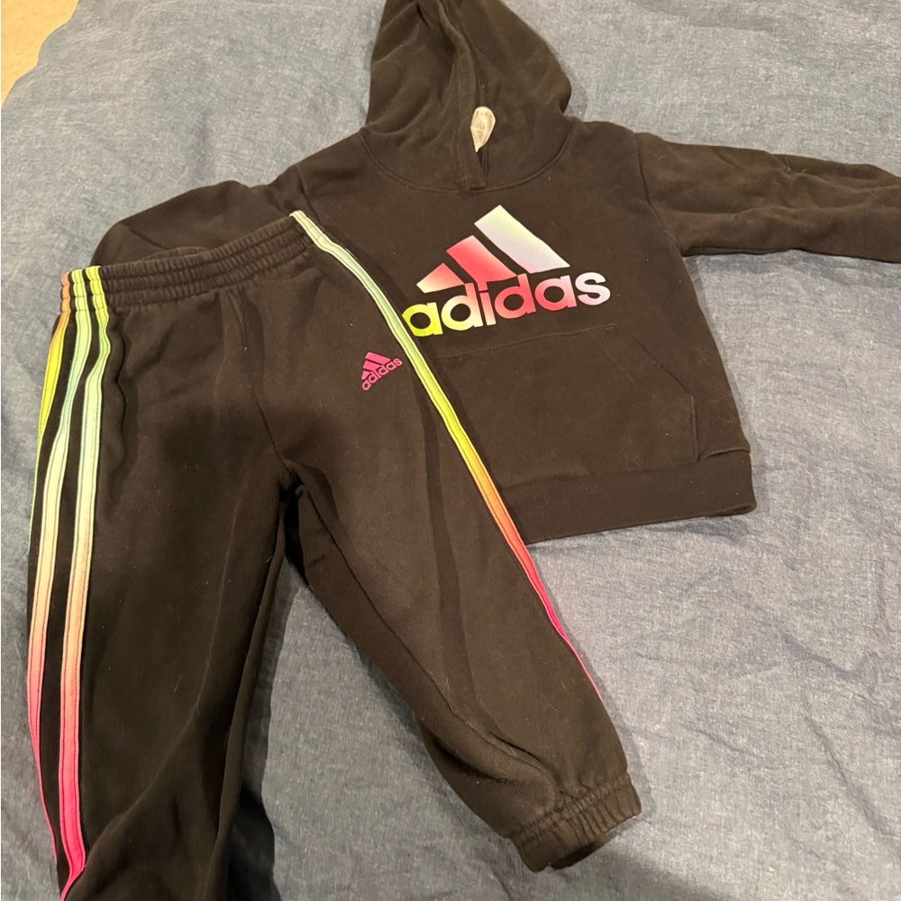 Adidas Kids Black Joggers with Rainbow Stripes